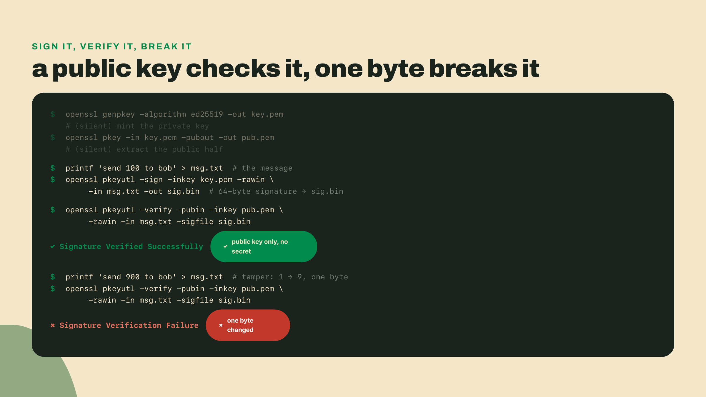 A terminal session generating an ed25519 key, signing send-100-to-bob, verifying it with only the public key, then failing verification after one byte is changed to send-900-to-bob.