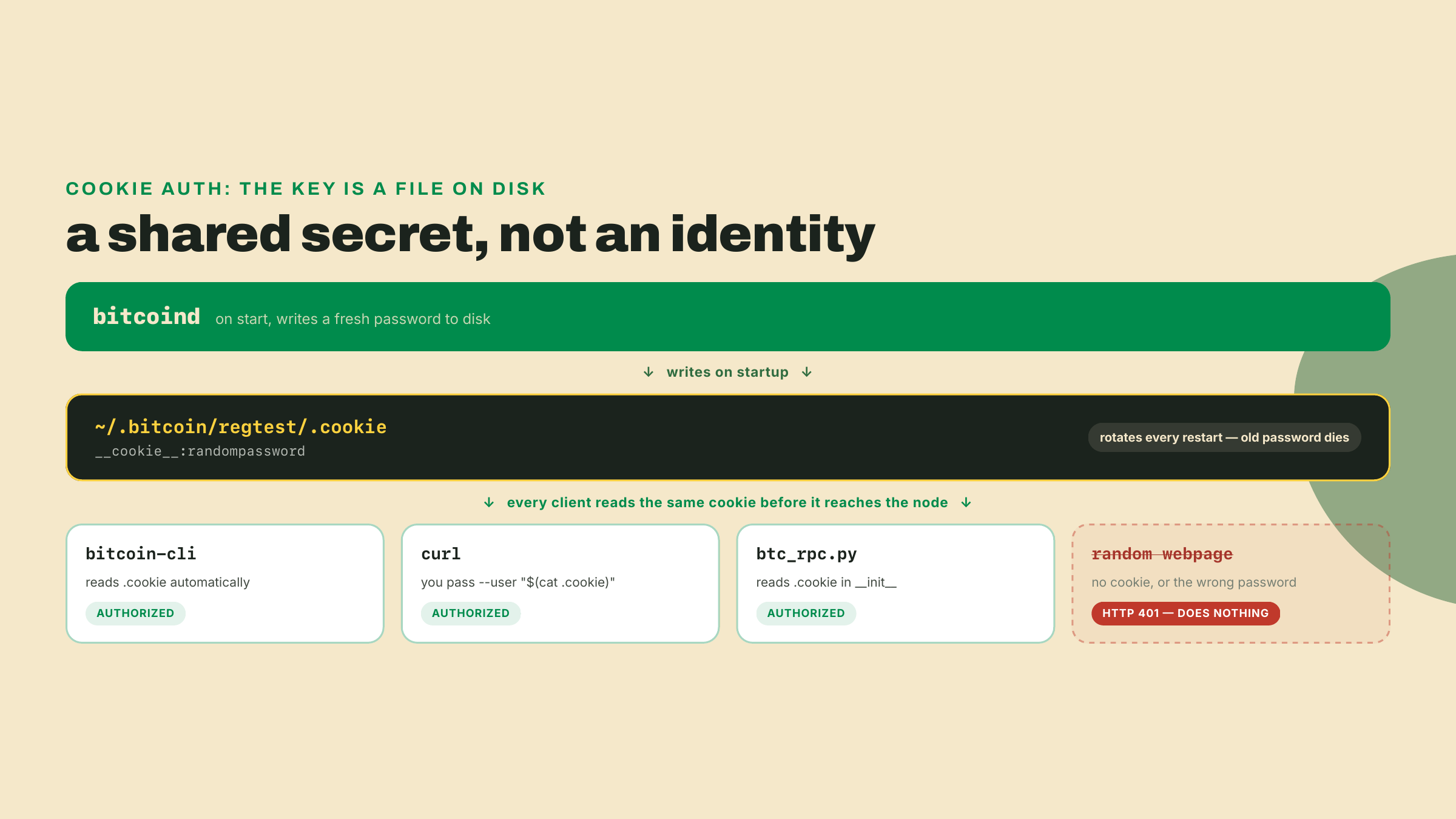 bitcoind writes a rotating password to a cookie file; bitcoin-cli, curl, and a Python client all authenticate by reading that same file, while an unauthenticated request is rejected with HTTP 401.