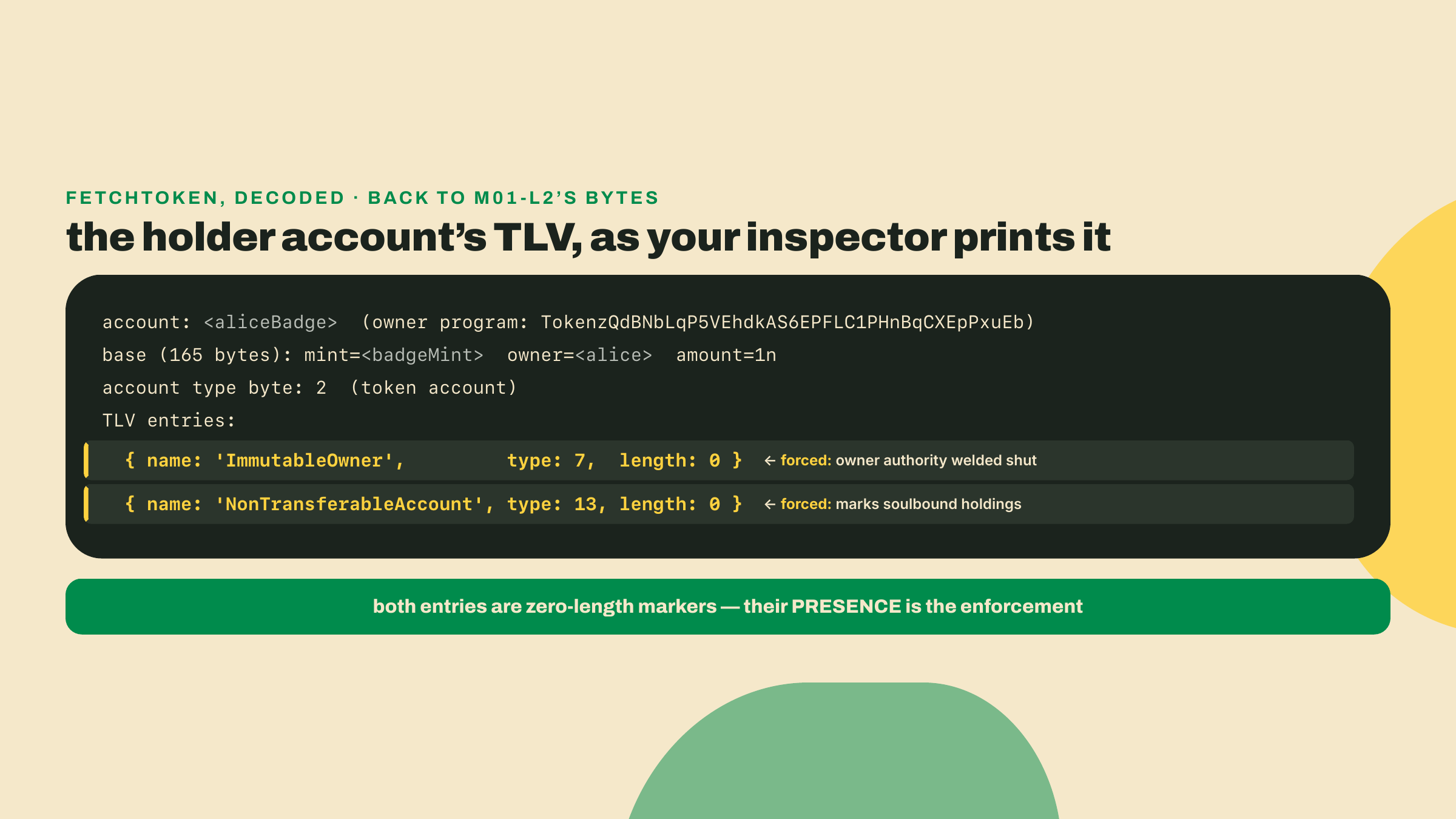 Annotated inspector output of the badge holder account showing a 165-byte base, account type byte 2, and two zero-length forced TLV entries, ImmutableOwner type 7 and NonTransferableAccount type 13.