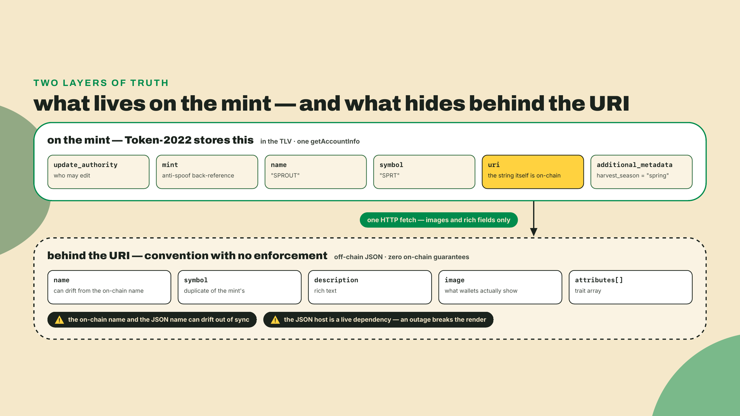 O TLV do mint guarda os campos de identidade impostos enquanto a URI aponta para um JSON off-chain convencional que nada na chain valida nem mantém em sincronia.