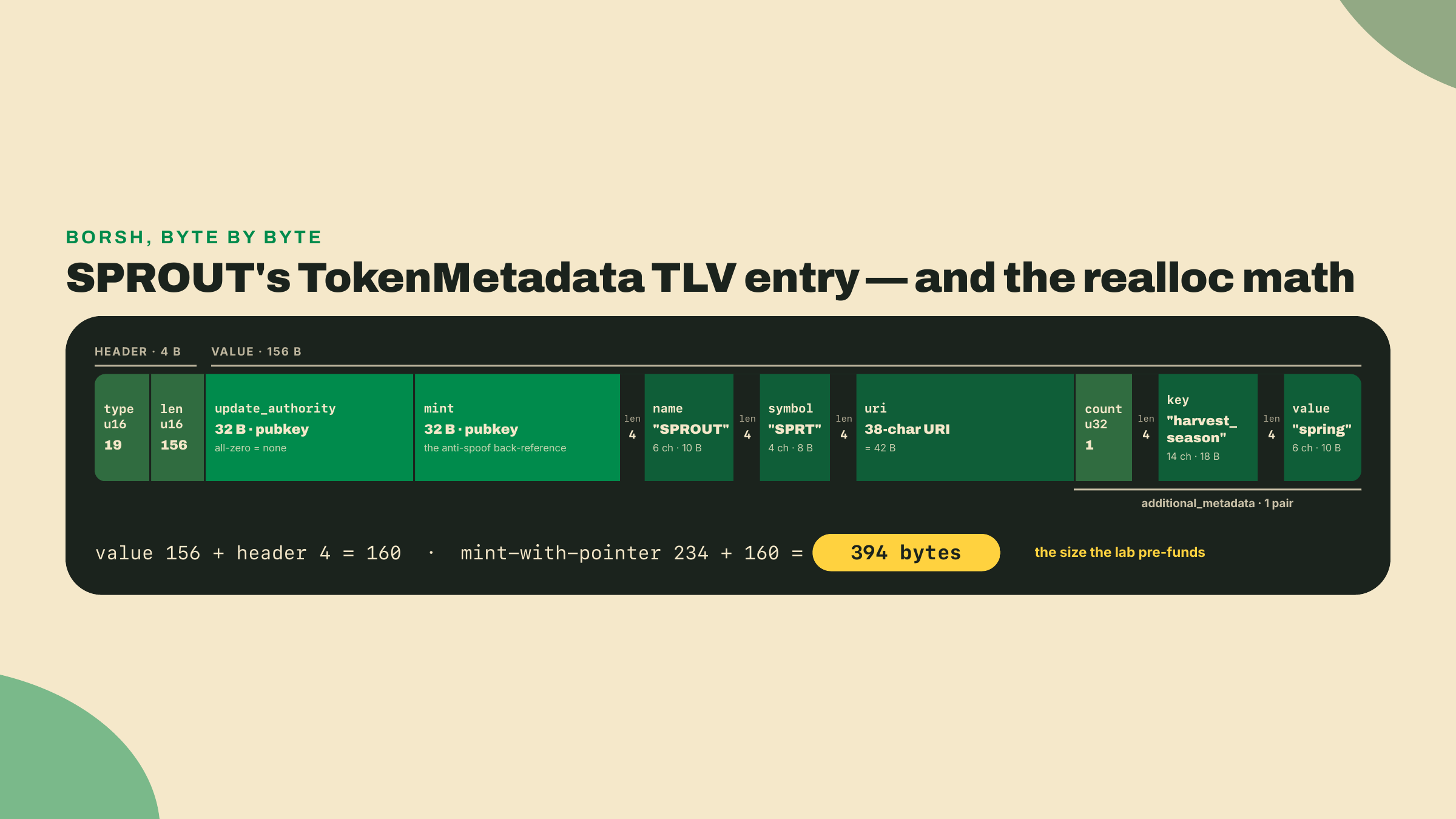 Layout em nível de bytes da entrada TLV do TokenMetadata, duas pubkeys de 32 bytes mais strings com prefixo de comprimento Borsh totalizando 160 bytes, o que leva o mint de 234 bytes aos 394 bytes que o lab financia.