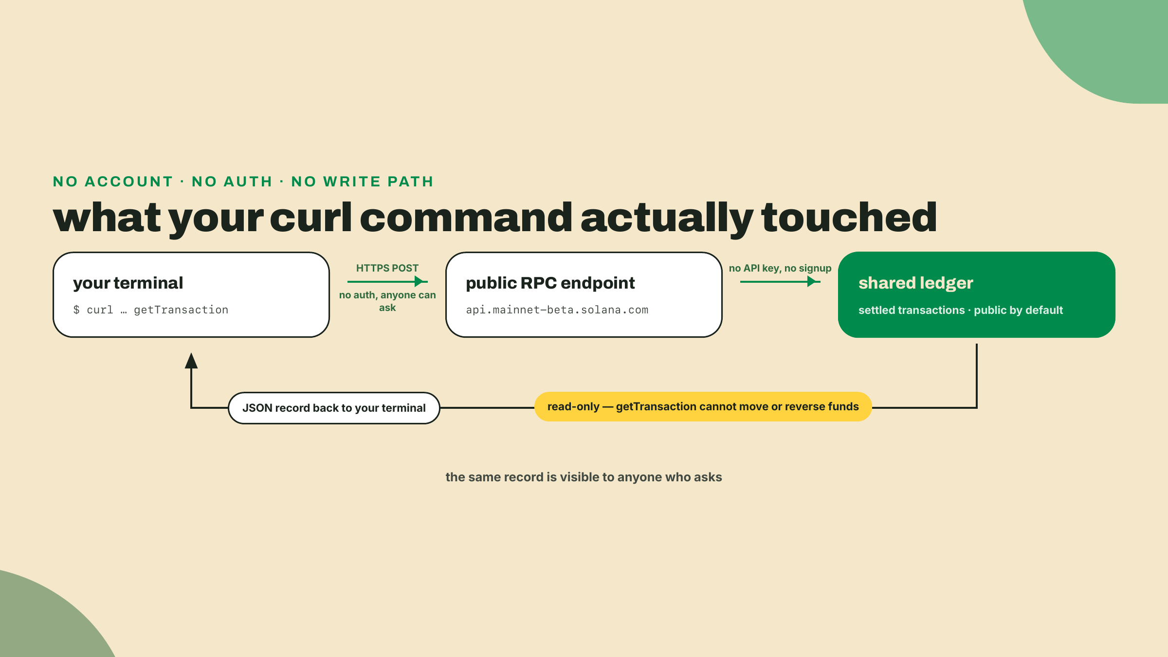 Una terminal envía una petición HTTPS sin autenticar a un endpoint RPC público, que lee una transacción liquidada del libro mayor compartido y devuelve el registro JSON; el camino es de solo lectura.