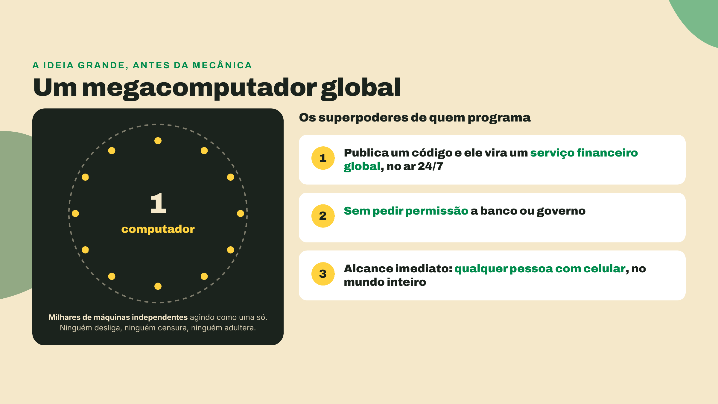 Um globo de máquinas conectadas forma um único megacomputador e libera três superpoderes para quem programa: publicar serviços financeiros globais 24 horas por dia, sem pedir permissão e com alcance mundial imediato.